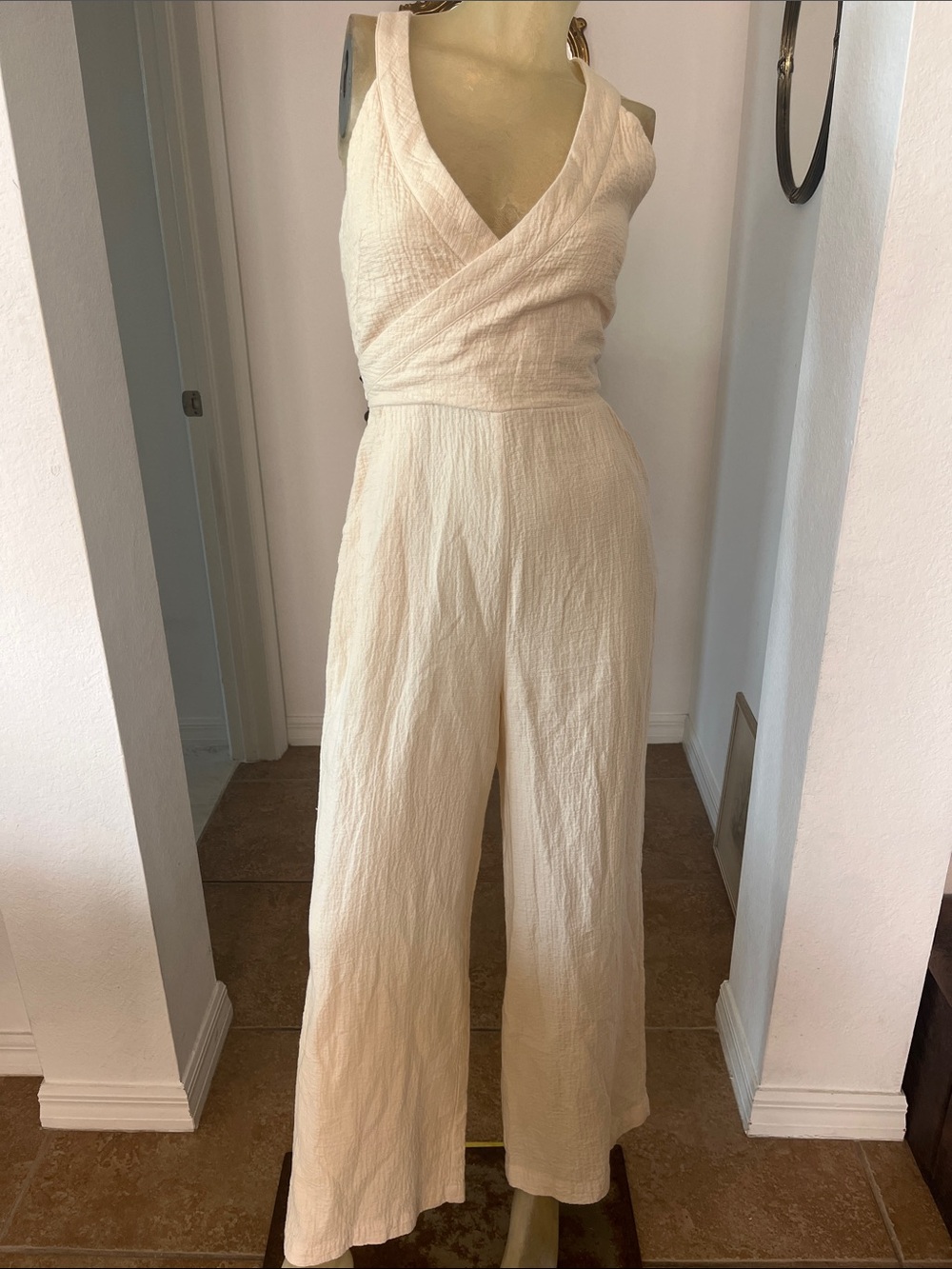 Anthropologie Cream Wrap-Front Wide-Leg Jumpsuit